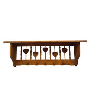 Vtg Wooden Heart Spindle Wall Shelf Five Pegs 23 inch Cottagecore Ready To Hang
